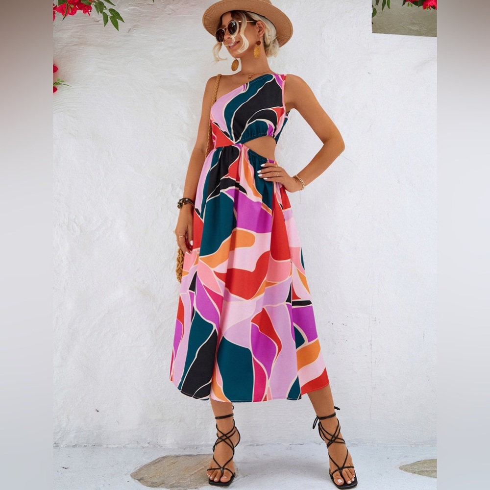 Printed Cutout One-Shoulder Sleeveless Dress